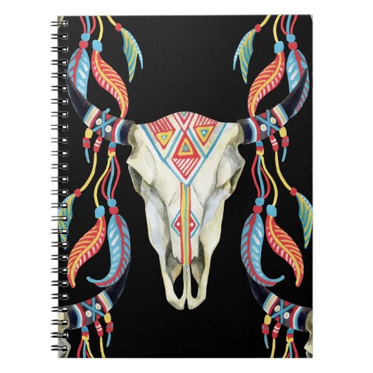 Buffalo Skull: Aquarellfarbener schwarzer Hintergr Notizblock (Vorderseite)