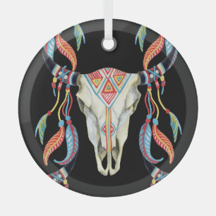 Buffalo Skull: Aquarellfarbener schwarzer Hintergr Ornament Aus Glas