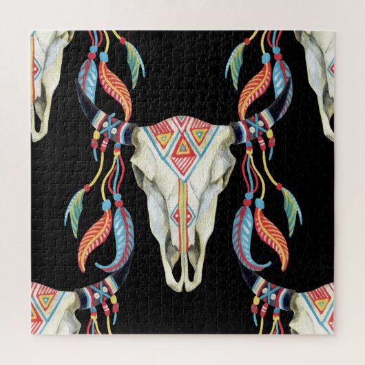 Buffalo Skull: Aquarellfarbener schwarzer Hintergr Puzzle (Vertikal)