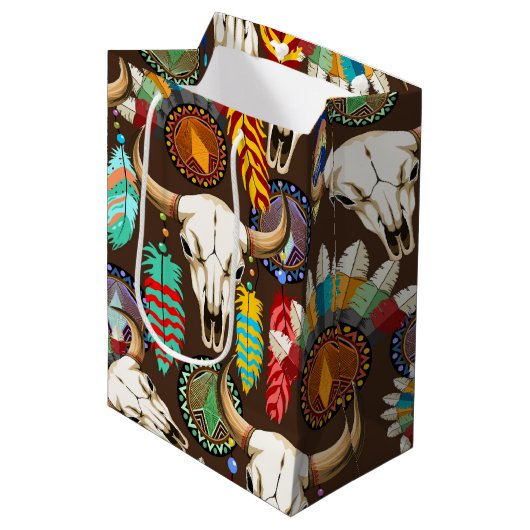 Buffalo Skull Native American Emblem Mittlere Geschenktüte (Vorderseite Schrägansicht)