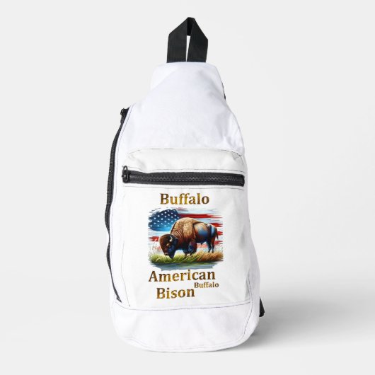 Buffalo Stehend auf Grasfeld mit amerikanischer Fl Crossbody Bag (Vorderseite)