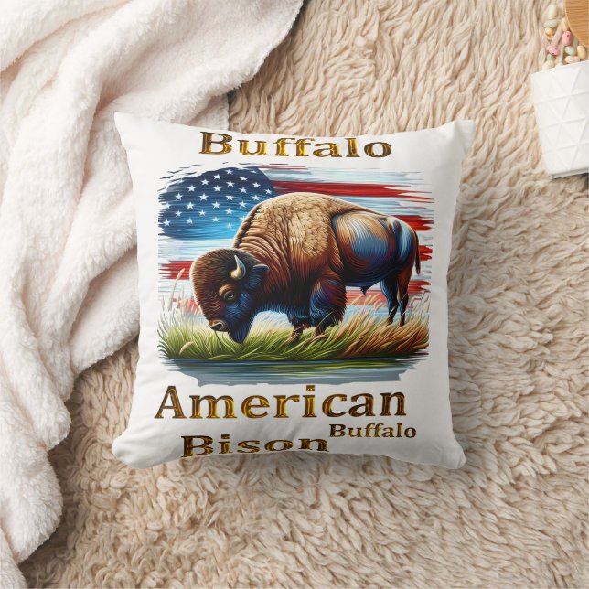 Buffalo Stehend auf Grasfeld mit amerikanischer Fl Kissen (Decke)