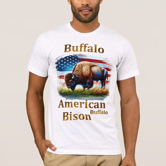 Buffalo Stehend auf Grasfeld mit amerikanischer Fl T-Shirt (Vorderseite)