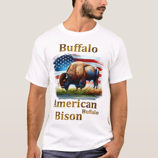 Buffalo Stehend auf Grasfeld mit amerikanischer Fl T-Shirt (Vorderseite)