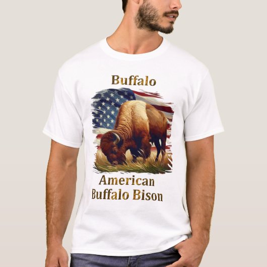 Buffalo Stehend vor amerikanischer Flagge T-Shirt (Vorderseite)
