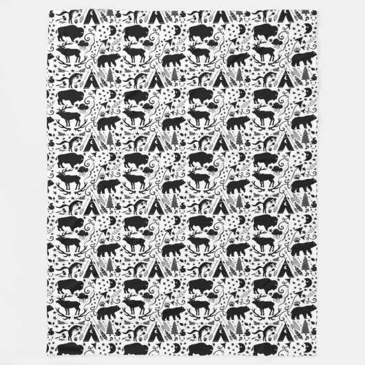 Buffalo Tepee Bear Deer Arrows Fox und Tomahawks Fleecedecke (Vorderseite)