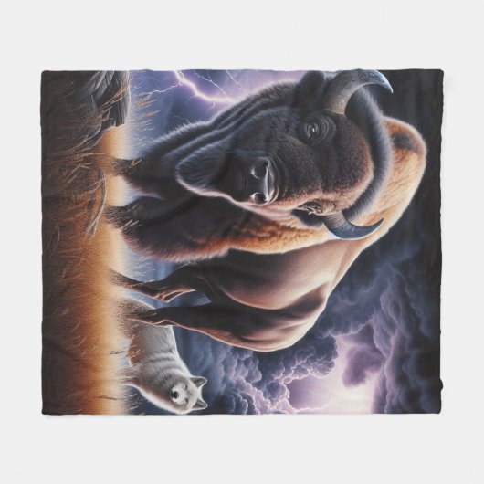 Buffalo und Wolf im Gewitter mit Blitzen Fleecedecke (Vorderseite (Horizontal))