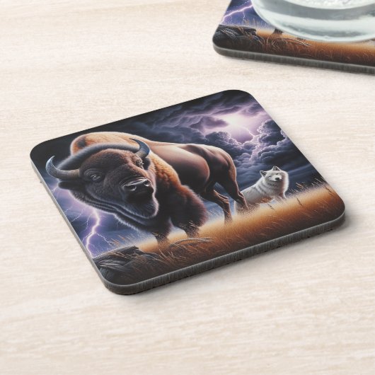 Buffalo und Wolf im Gewitter mit Blitzen Getränkeuntersetzer (Linke Seite)