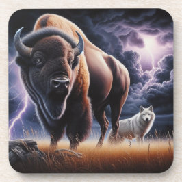 Buffalo und Wolf im Gewitter mit Blitzen Getränkeuntersetzer