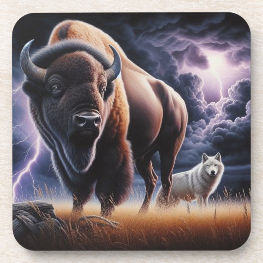 Buffalo und Wolf im Gewitter mit Blitzen Getränkeuntersetzer (Vorderseite)