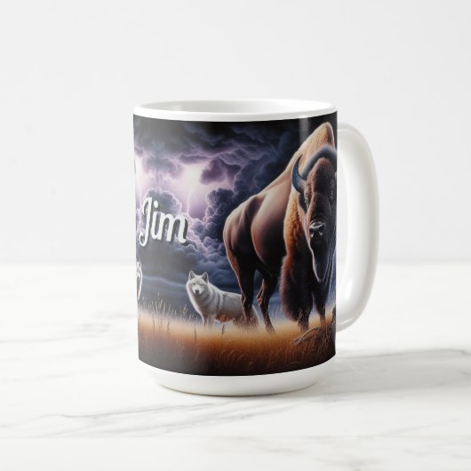 Buffalo und Wolf im Gewitter mit Blitzen Kaffeetasse (VorderseiteRechts)