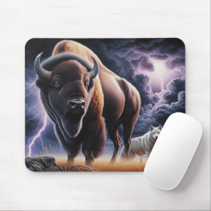 Buffalo und Wolf im Gewitter mit Blitzen Mousepad