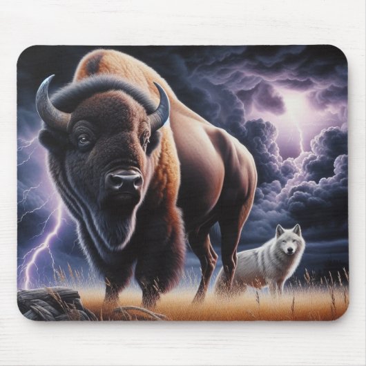 Buffalo und Wolf im Gewitter mit Blitzen Mousepad (Vorne)
