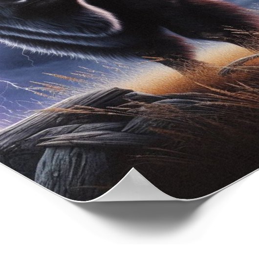 Buffalo und Wolf im Gewitter mit Blitzen Poster (Ecke)