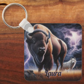 Buffalo und Wolf im Gewitter mit Blitzen Schlüsselanhänger (Vorderseite)
