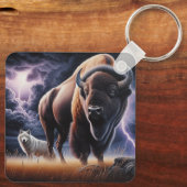 Buffalo und Wolf im Gewitter mit Blitzen Schlüsselanhänger (Rückseite)