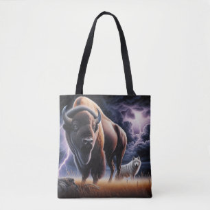 Buffalo und Wolf im Gewitter mit Blitzen Tasche