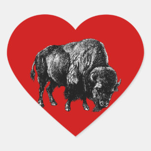 Büffel Amerikanischer Bison Vintage-Holzschnitt Herz-Aufkleber