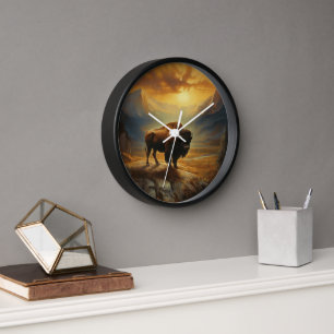 Büffel Bison Sonnenuntergang Silhouette Uhr