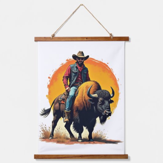 Büffel-Cowboy-Geschenk Wandteppich Mit Holzrahmen (Vorderseite)