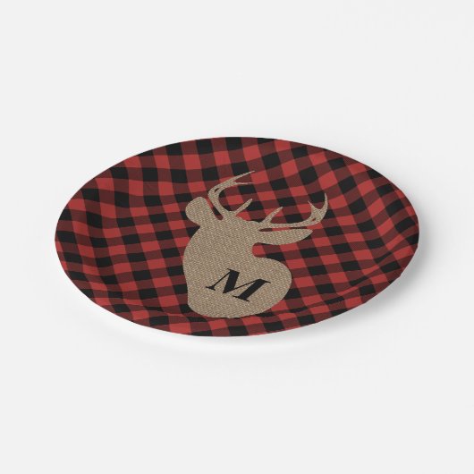 Büffel kariert und Leinwand-Monogramm-Rotwild Pappteller (Schrägansicht)