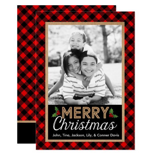 Büffel-karierte Weihnachtsstechpalmen-Foto-Karte 12,7 X 17,8 Cm Einladungskarte