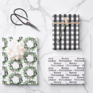 Büffel-Karo-Kranz-Schreibmaschinentext Weihnachten Geschenkpapier Set