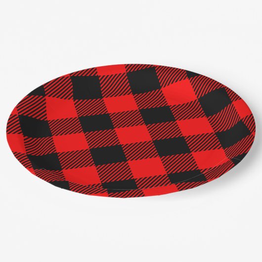 Büffel-Karo-roter und schwarzer Pappteller (Schrägansicht)
