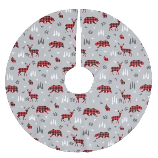 Büffel-Karo-Waldtiere-Muster Polyester Weihnachtsbaumdecke (Vorderseite)