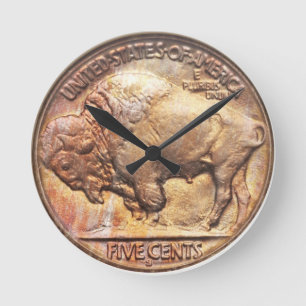 Büffel-Nickel-Vintage Münzen-Sammelnwand-Uhr Runde Wanduhr