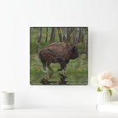 Büffel und Wald, Bison-Liebhaber Design Quadratische Wanduhr (Zuhause)