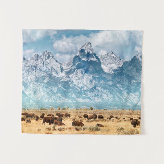 Büffel unter den großartigen Teton Bergen Wandteppich (Vorderseite (Horizontal))