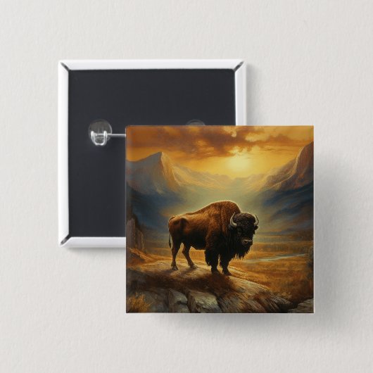 Büffelbison-Sonnenuntergangs-Silhouette Button (Vorne & Hinten)