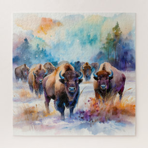 Büffelherde im Schnee in Aquarell Puzzle