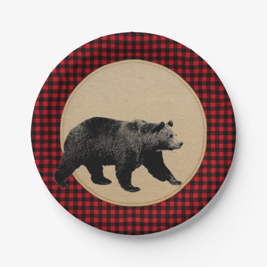 Büffelkariert-Bär-Rustikale Hütte Pappteller (Vorderseite)