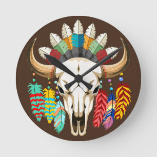 Büffelschädel-Emblem der amerikanischen Ureinwohne Runde Wanduhr