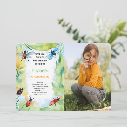 Bug Birthday Foto Einladung (Stehend Vorderseite)