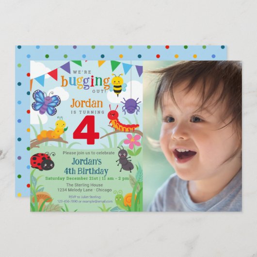 Bug Birthday Foto Niedliche farbige Bug Party Einladung (Vorne/Hinten)