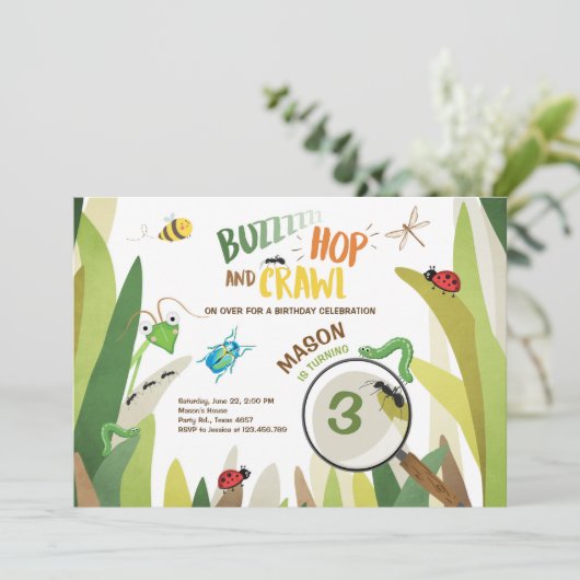 Bug Birthday Invitation Insect Bugs Boy bugging Einladung (Stehend Vorderseite)