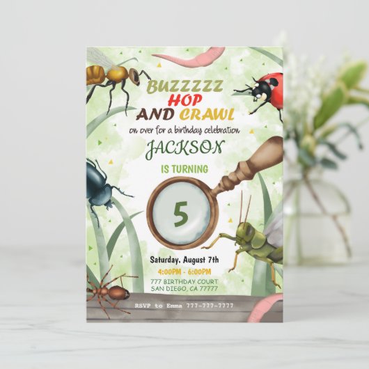 Bug Birthday Kinder Einladung (Stehend Vorderseite)