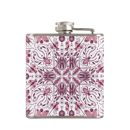 Bug, dunkle Magenta und rosa auf weiß Flachmann (Rückseite)