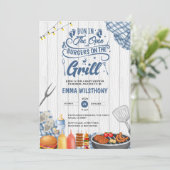 Bug im Oven & Burgers Grill Baby Shower Boy Einladung (Stehend Vorderseite)