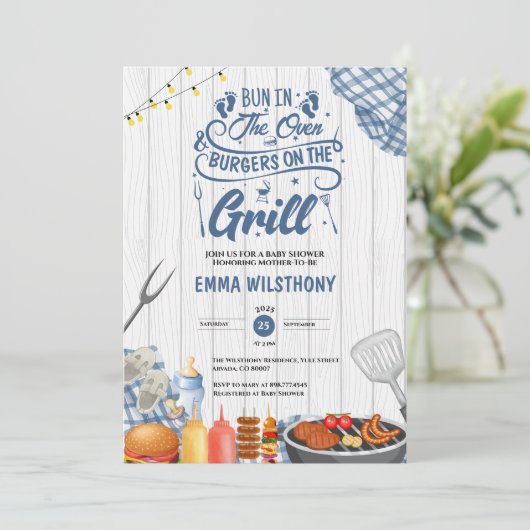 Bug im Oven & Burgers Grill Baby Shower Boy Einladung (Stehend Vorderseite)