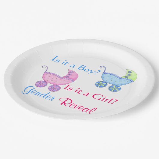 Buggy Pink Blue Gender Reveal Party Pappteller (Schrägansicht)