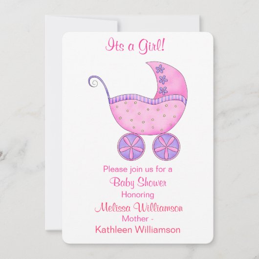 Buggy trägt eine Girl Pink Babydusche Einladung (Vorderseite)