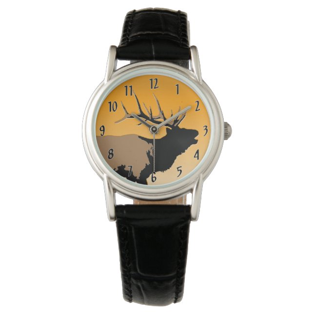 Bugling Bull Elch bei Sunset Original Wildlife Art Armbanduhr (Vorderseite)
