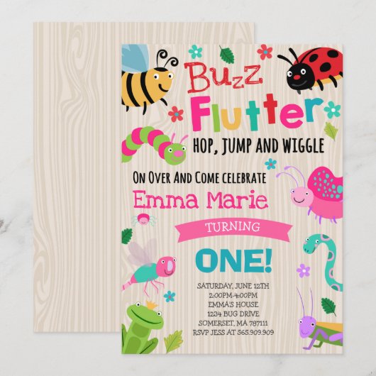 Bugs Birthday Invitation Girl Pink Bugs Party Einladung (Vorne/Hinten)