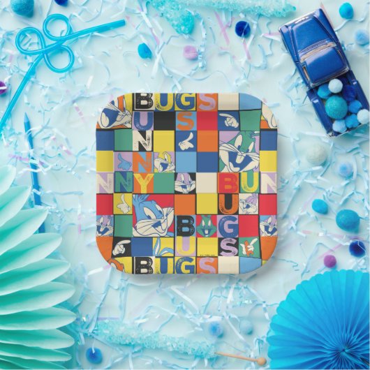 BUGS BUNNY™ Schachbrett mit farbenfrohen Namen und Pappteller (Party)