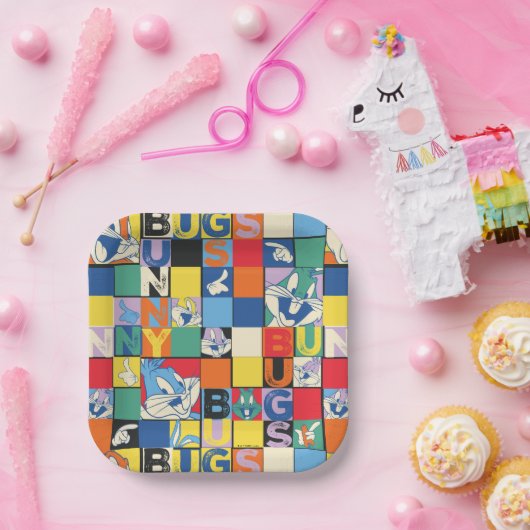 BUGS BUNNY™ Schachbrett mit farbenfrohen Namen und Pappteller (Party)