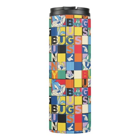 BUGS BUNNY™ Schachbrett mit farbenfrohen Namen und Thermosbecher (Rückseite)